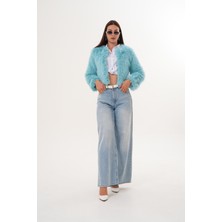 Navy Crop Boy Basic Yaka Tüylü Ceket