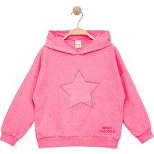 Divonette Kız Çocuk Kapşonlu Pembe Sweatshirt - Yıldız Desenli Yazı Nakışlı Çocuk Sweat