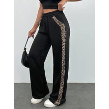 Mareandpanda Kadın Yüksek Bel Bağcıklı Yanları Leopar Desenli Viskon Iki Iplik Pantolon