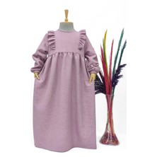 Betül Akbay Kız Çocuk Keten Elbise - Hüma Model Uzun Tesettür Elbise Gül Kurusu