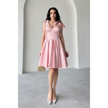 Serica Moda Pudra Büstiyer Detaylı Askılı Saten Abiye Elbise