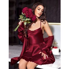 Aria's Closet Arias Closet Özel Tasarım Sırt Dekolteli Sabahlıklı Saten Bordo 2'li Gecelik Takımı