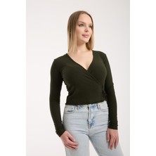 G-FOX Kadın Fitilli Kruvaze V Yaka Uzun Kollu Bluz – Esnek Vücuda Oturan Dar Kesim, Şık Crop 3017