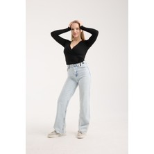 G-FOX Kadın Fitilli Kruvaze V Yaka Uzun Kollu Bluz – Esnek Vücuda Oturan Dar Kesim, Şık Crop 3017