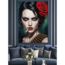 Karizma Tablo Kırmızı Gül Tokalı Gotik Kadın Portresi Dekoratif Kanvas - Mdf Ahşap Tablo