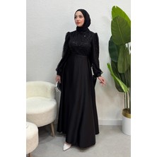 Tesettür Diyarı  Kadın Paris Model Üst Kısım Taş Payet Etek Kısmı Saten Abiye-Siyah