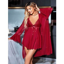 Aria's Closet Arias Closet Özel Tasarım Dantel Işlemeli Göğüs Dekolteli Sabahlıklı Bordo 2'li Tül Gecelik Takımı