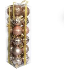 Orca Süs 4 cm - Yılbaşı Lüks Top Süs Seti 24 Adet Rose Gold Simli-Parlak-Mat-Disco-Çizgili Asetatlı Kutu