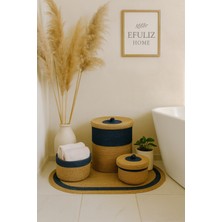 Flz Life Jüt-Hasır Bambu Lacivert Renk Banyo Takımı, Çamaşır-Makyaj-Düzenleyici Set, Sepet, Halı - Paspas