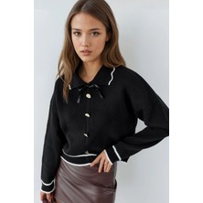Hiccup Kadınlar MY FASHION Kurdele Detaylı Polo Yaka Örgü Kazak Siyah