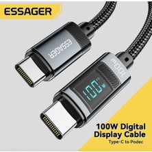 Essager 1-Metre 100W 5A Type-C To Type-C Süper Hızlı Şarj ve Data Veri Kablosu Dijital Ekranlı CE Lisanslı Orijinal Hasır Örgülü Sağlam Kablo