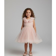 Minimony 3-7 Yaş Kız Çocuk Düşük Kol Taşlı İnci Tül Pudra Abiye Elbise  3501