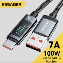 Essager 1-Metre 100W 7A Usb To Type-C Süper Hızlı Şarj ve Data Veri Kablosu Dijital Ekranlı CE Lisanslı Orijinal Hasır Örgülü Sağlam Kablo