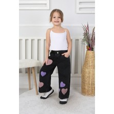 Canan Çakmak Premium Kalite Siyah Geniş Paça Kalp Desenli Jean Denim Kız Çocuk Pantolon