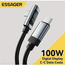 Essager 1-Metre 100W 5A Type-C To Type-C Süper Hızlı Şarj ve Data Veri Kablosu L Dirsek Tasarımı  Dijital Ekranlı CE Lisanslı Orijinal Hasır Örgülü Sağlam Kablo
