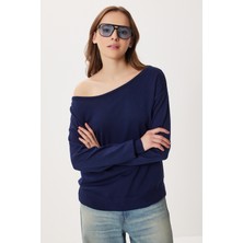 Happiness İstanbul Açık Omuzlu Triko Kazak LFN0142 Lacivert