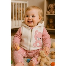 Vitrinmixmini 3 Parçalı Kapüşonlu Beyaz Yelekli Fitilli Kız Çocuk Takım