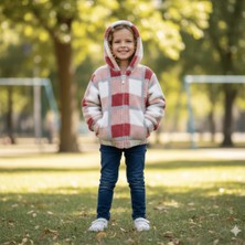 Fancy Kids Kız Çocuk Kapüşonlu Ekose Desenli Pelüş Hırka – Fermuarlı, Cepli, Yumuşak Doku