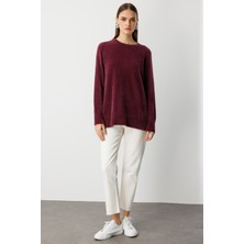 Mizalle Yuvarlak Yaka Oversize Yumuşak Dokulu Mürdüm Triko Kazak