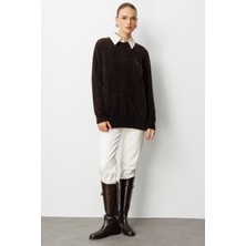 Mizalle Yuvarlak Yaka Oversize Yumuşak Dokulu Kahverengi Triko Kazak