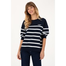 U.S. Polo Assn. Kadın Lacivert Çizgili Bisiklet Yaka Sweatshirt 50313572-VR033