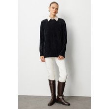 Mizalle Yuvarlak Yaka Oversize Yumuşak Dokulu Siyah Triko Kazak