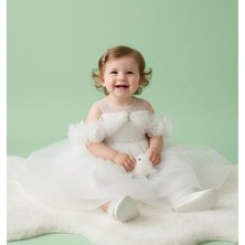 Minimony 3-7 Yaş Kız Çocuk Düşük Kol Taşlı İnci Tül Pudra Abiye Elbise  3501