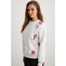 ETHIQUET Cloudy Kadın Içi Polarlı Yumuşacık Yuvarlak Yaka Rahat Kesim Baskılı Beyaz Sweatshirt
