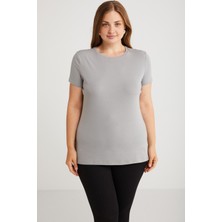 ETHIQUET Mayra Kadın Slim Fit Dar Kalıp Bisiklet Yaka Basıc Gri Büyük Beden T-shirt