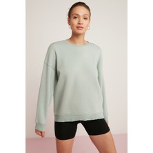ETHIQUET Brenda Kadın Içi Polarlı Yumuşacık Yuvarlak Yaka Kaşkorse Detaylı Oversize Fit Mint Yeşil Sweatshirt