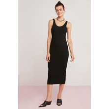 ETHIQUET Della Kadın 100% Pamuk Yuvarlak Yaka Fittilli Görünümlü Vücudu Saran Kalın Askılı Kalem Siyah Elbise