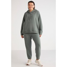 Ethiquet Terezabb Kadın İçi Polarlı Yumuşacık Comfort Fit Kapüşonlu Kanguru Cep Yeşil Büyük Beden Sweatshirt