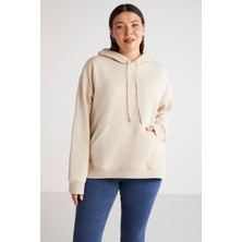 Ethiquet Terezabb Kadın İçi Polarlı Yumuşacık Comfort Fit Kapüşonlu Kanguru Cep Bej Büyük Beden Sweatshirt