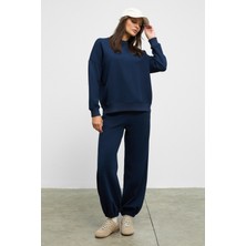 ETHIQUET CARICA Kadın Organik Pamuklu İçi Polarlı Oversize Fit Bel Ve Paça Lastikli Kordonlu Lacivert Alt-Üst