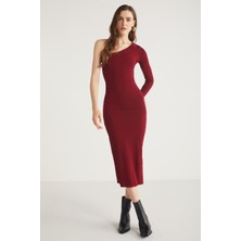 ETHIQUET Reddısh Kadın Slim Fit Dar Kesim Vücudu Saran Kaşkorse Midi Boy Bordo Elbise