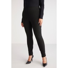 Ethiquet Abrıellebb Kadın Örme Çizgili Slim Fit Dar Paça Siyah - Beyaz Büyük Beden Pantolon