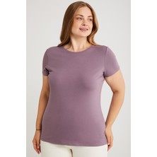 ETHIQUET Mayra Kadın Slim Fit Dar Kalıp Bisiklet Yaka Basıc Mor Büyük Beden T-shirt
