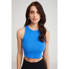 Coral High Ethiquet Joyce Kadın Slim Fit Dar Kalıp Sıfır Kol Bisiklet Yaka Örme Crop Mavi Atlet