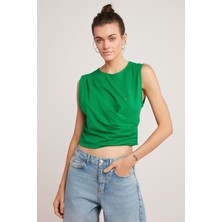 ETHIQUET Annabel Kadın %100 Pamuk Drape Detaylı Yuvarlak Yaka Sıfır Kol Basıc Yeşil T-shirt