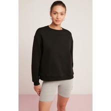 Ethiquet Sahra Kadın Pamuklu Içi Polarlı Yumuşacık Oversize Yuvarlak Yaka Basıc Siyah Sweatshirt