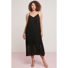 Ethiquet Opelıa Kadın Piliseli Şifon Kolsuz Ince Askılı Siyah Büyük Beden Elbise