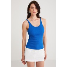 ETHIQUET Lızeth Kadın Slim Fit Dar Kesim Oyuk Yaka Ince Askılı Basic Mavi Atlet