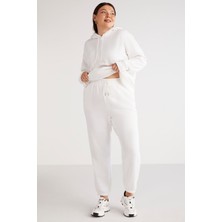 ETHIQUET Lenkabb Kadın Içi Polarlı Comfort Fit Beli Ve Paçası Lastikli Beyaz Büyük Beden Eşofman Altı