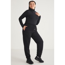 ETHIQUET Lenkabb Kadın Içi Polarlı Comfort Fit Beli Ve Paçası Lastikli Siyah Büyük Beden Eşofman Altı