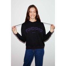 Ethiquet Sydney Kadın Içi Polarlı Önü Nakışlı Regular Fit Kapüşonlu Siyah Sweatshirt
