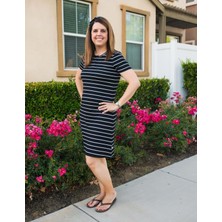 Organickid Mini Me Siyah Çizgili Kısa Kol Kadın Elbise