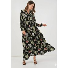 Ribana Classic Kadın Uzun Şık Desenli Düğmeli Bileği Lastik Detaylı Elbise