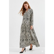 Ribana Classic Kadın Uzun Şık Desenli Düğmeli Bileği Lastik Detaylı Elbise