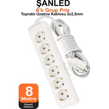 ŞANLED Grup Priz Topraklı 6'lı Çoklu Priz Seyyar Ara Uzatma Kablosu Ttr 2x2,5 mm Kablo 8 Metre