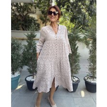 Denizege Butik Tüm Düğme Brode Elbise Bej